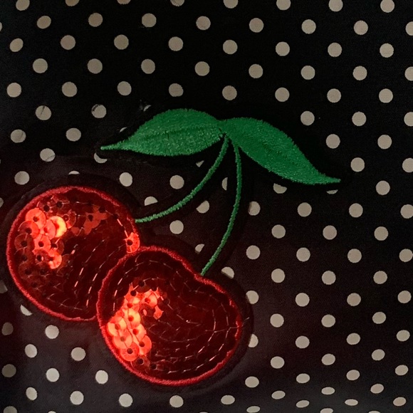 sweet black polka dot clutch bag with sequin cherries design, kiss clock close - Picture 4 of 14